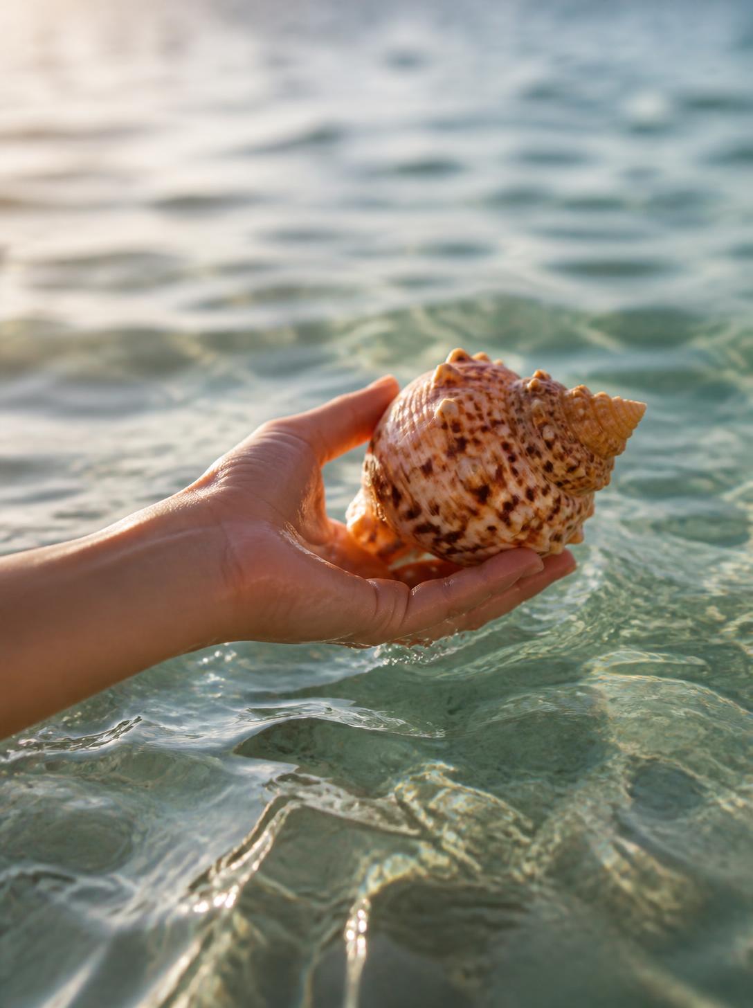 Shell held beside Caribbean water